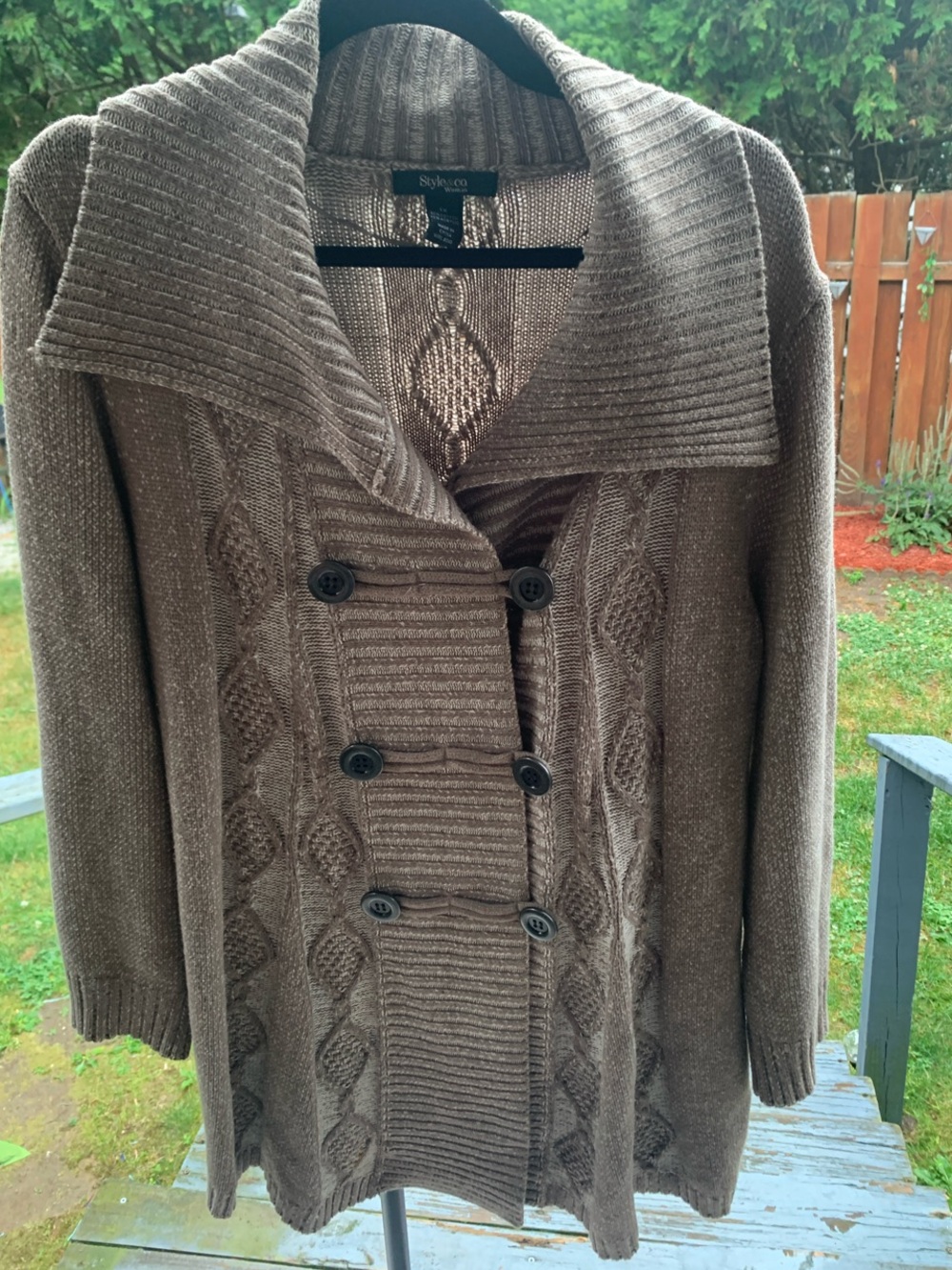 Style & Co. Taupe Cable-Knit Double-Breasted Cardigan